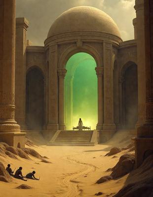 The primary subject of the image is a woman sitting on a bench in front of a large building, possibly a temple. The setting is a desert-like environment, with sand and a rocky surface visible in the background. The visual style of the image is a combination of photo and digital art, creating a surreal and dramatic atmosphere. The colors in the image are predominantly earth tones, with the woman's clothing and the building's facade being the main sources of color. The overall mood of the